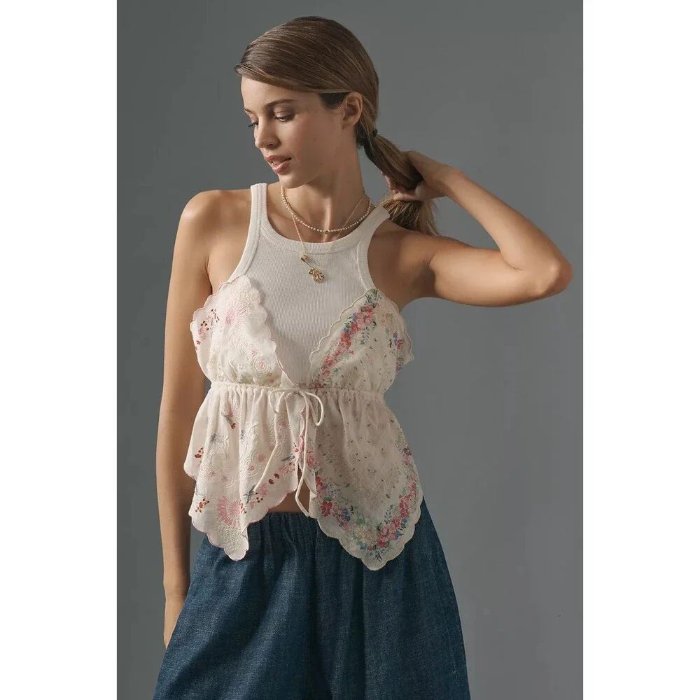 Anthropologie Pieced Scarf Tank Top Embroidered Scalloped Large L NEW